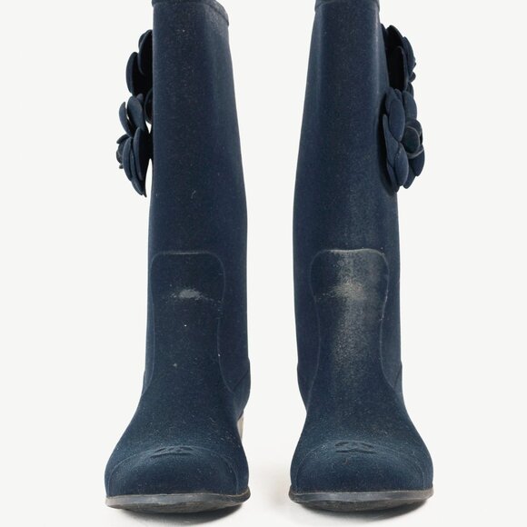 Chanel 11A Navy Velvet Camellia Rubber Rain Boots - Picture 2 of 12